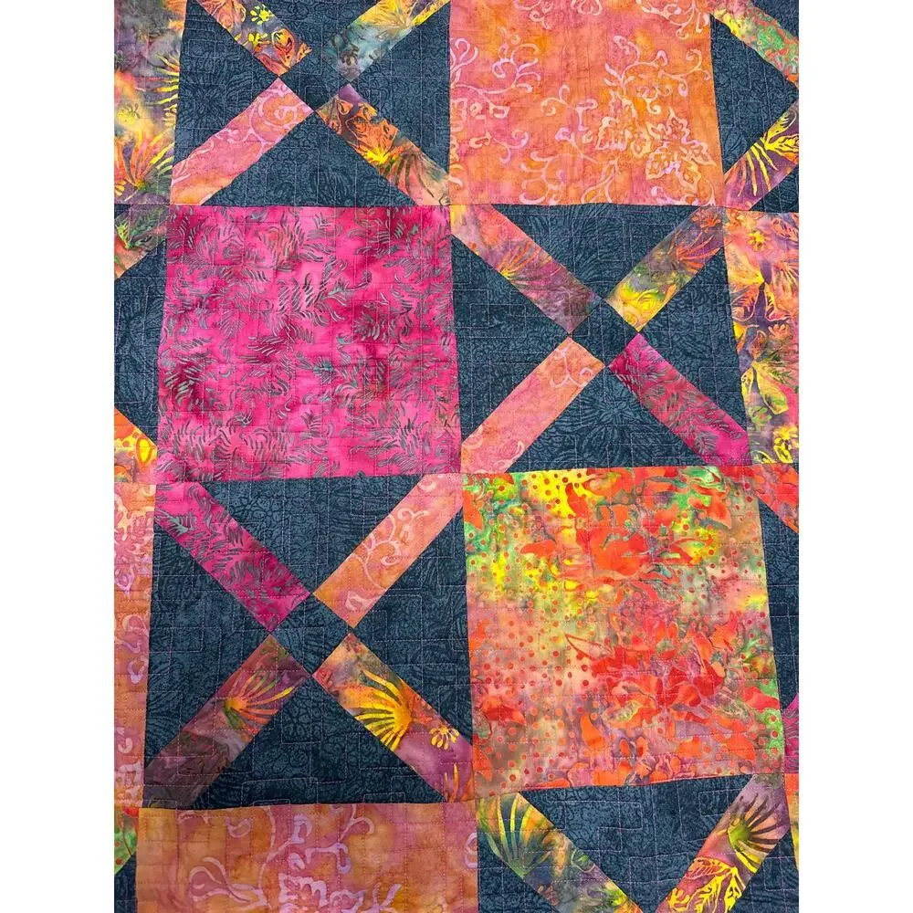 Handmade Fall Quilt Throw – Reversible Orange Pink Black Lap Blanket 58x41